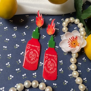 That's Hot Sriracha Bottle Dangle Earrings | Asian Thai food, Rooster Bottle with Fire, Spice Lover Gifts