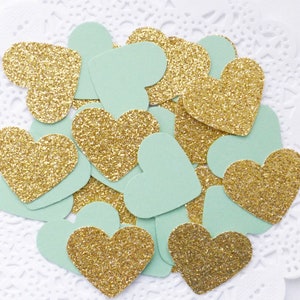 Confeti de boda, confeti verde menta y dorado, confeti brillante, confeti de corazón, baby shower dorado, boda verde menta