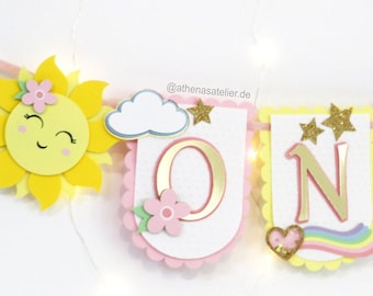 Rainbow Garland, Rainbow High Chair Banner, Sunshine Garland, Sunshine Birthday Party, Pastel Rainbow Party, First Birthday Party