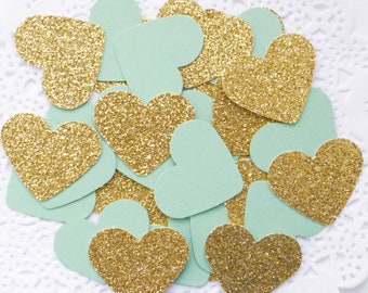 Wedding Confetti, Mint Green and Gold Confetti, Glitter Confetti, Heart Confetti, Gold Baby Shower, Mint Green Wedding