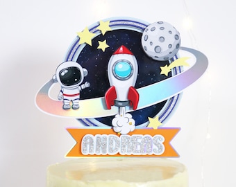 Topper de pastel del espacio exterior, decoración de fiesta de astronautas, topper de pastel de cohetes, primer viaje alrededor del sol