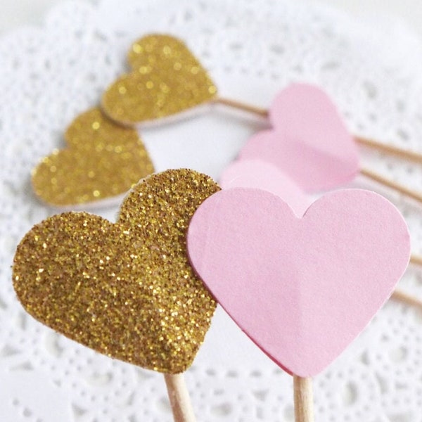 Pink and Gold Cupcake Toppers, Baby Shower Party Picks, Heart Toothpicks, Birthday Party Food Picks, Paper Hearts