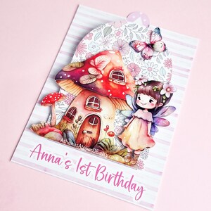 Fee Geburtstagseinladung, Pop-Up-Karten Fee erster Geburtstag, Feenhaus-Geburtstagsfeier, Feengartenhäuser, handgemachte Einladungen