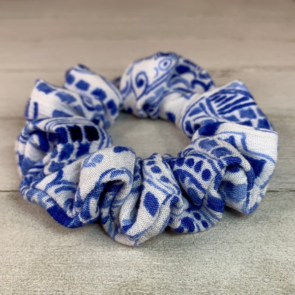 Blue Porcelain Scrunchie, Fine China, Swirl Tile Print, Hair Tie