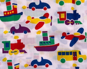 1 yard vintage transportation fabric, bright colors on white