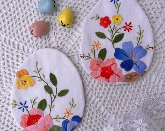 1 SET of 2 larger repurposed vintage appliquéd and embroidered Fillable Fabric Eggs PostalThreads fabric Easter eggs, reusable, ecofriendly