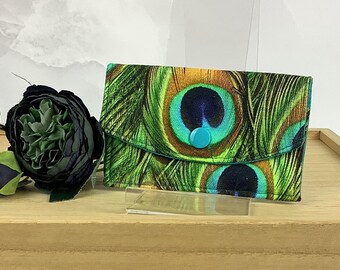 Peacock feathers fabric wallet, card holder, handmade