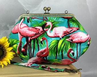 Flamingos medium clutch bag, detachable shoulder strap, handmade