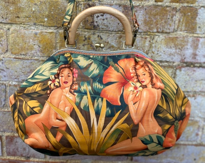 Burlesque large frame handbag, Pinup girls purse, Handmade