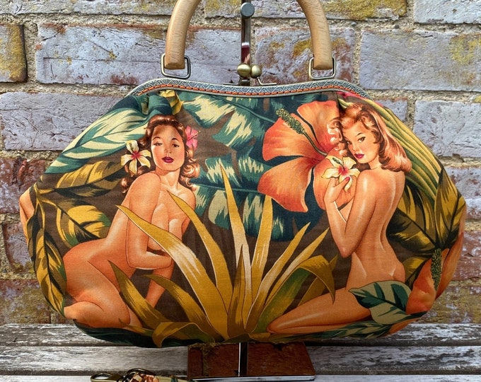 Burlesque large frame handbag, Pinup girls purse, Retro tropical shoulder bag, Jungle frame bag, Mirage Pin Up, Alexander Henry, Handmade