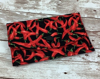 Chillis card case, Chilli peppers fabric business card wallet, Travel pass holder, Handmade