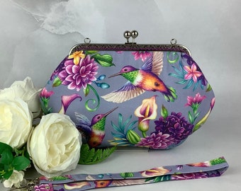 Hummingbirds medium clutch bag, detachable shoulder strap, handmade in the UK