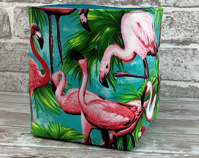 Flamingos fabric basket, Tropical storage bin, Birds fabric box, Bedroom storage, Bathroom tub, Handmade
