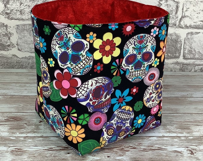 Candy skulls fabric basket, Day of the dead storage bin, Gothic fabric box, Bedroom storage, Bathroom tub, Handmade