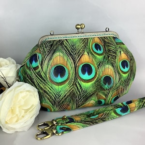 Bolso de mano mediano con plumas de pavo real, correa desmontable, hecho a mano