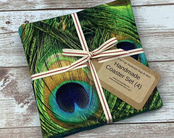 Peacock feathers fabric coasters, Set of 4, Handmade