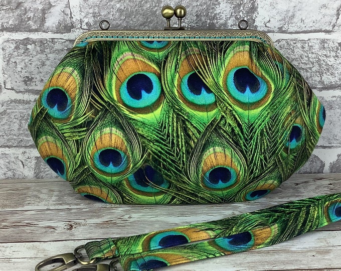 Peacock feathers medium frame clutch bag, Peacock clutch purse, Birds frame handbag, Feathers shoulder bag, Detachable strap, Handmade