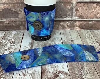 Dragonfly wings fabric cup cozy, Blue cup cosy, Reusable sleeve, Handmade