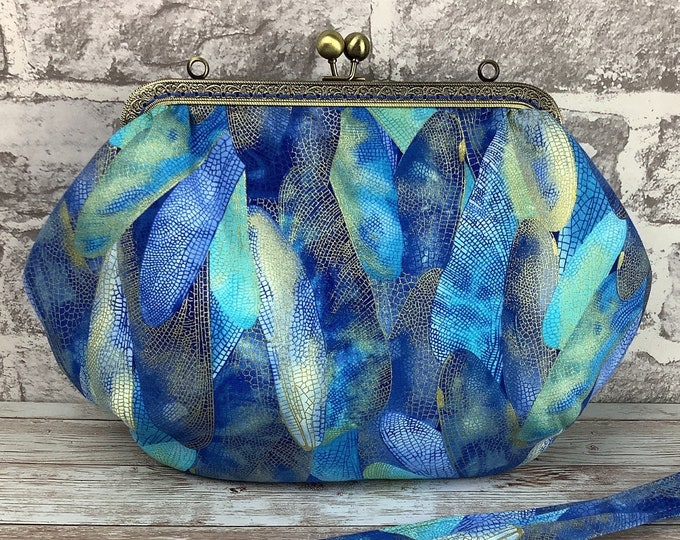 Dragonfly medium frame clutch bag, Dragonfly wings clutch purse, Blue frame handbag, Shoulder bag, Detachable strap, Handmade