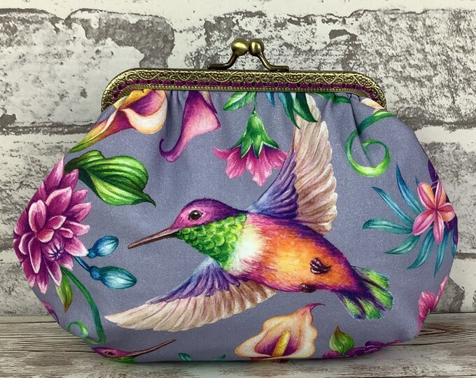 Hummingbirds small frame clutch bag, Birds handbag, Tropical makeup purse, Optional chain, Handmade