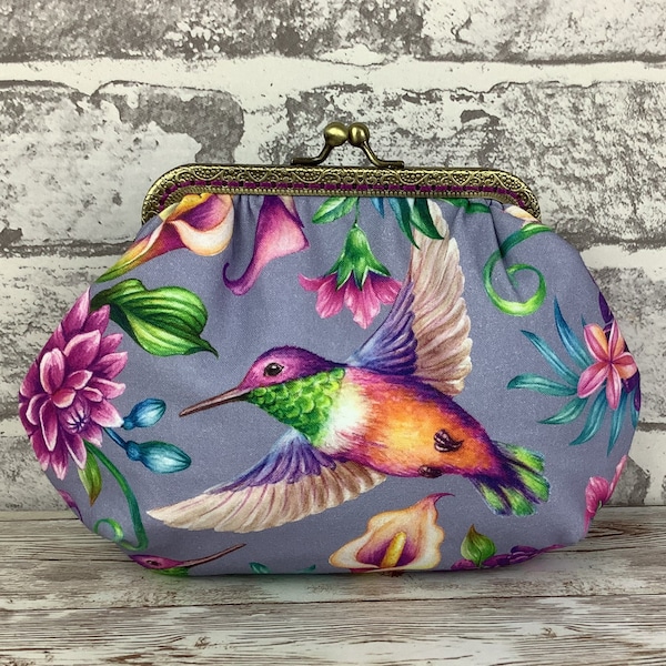 Hummingbirds small frame clutch bag, Birds handbag, Tropical makeup purse, Optional chain, Handmade