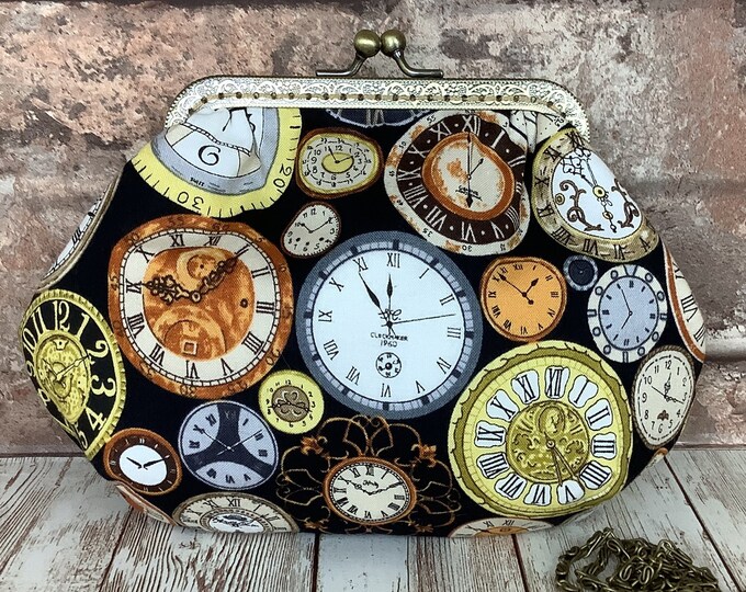 Steampunk gothic clocks small frame clutch bag, Optional chain, Handmade