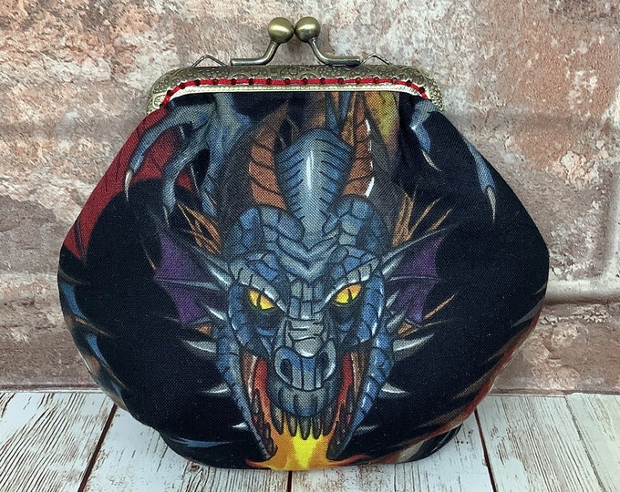 Dragon frame coin purse, Gothic fabric coin purse, Tail of the Dragon kiss lock wallet, Alexander Henry, Optional chain, Handmade