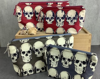 Skulls zip case, Gothic zipper pouch, Flat bottomed, 2 size and colour options, Alexander Henry, Handmade