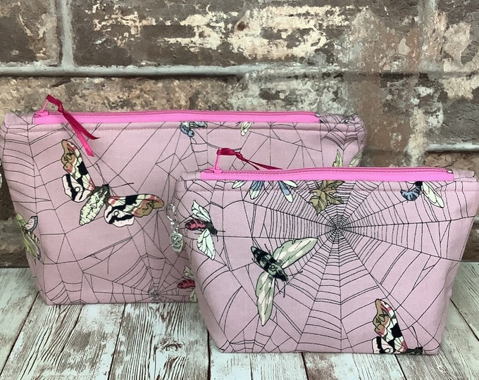 Spiders web zip case, Gothic zipper pouch, Moths flat bottomed fabric pouch, 2 size options, Alexander Henry, Ghastlie web, Handmade