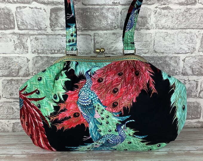 Peacock large frame handbag, Oriental Kujaku peacock purse, Shoulder bag, Frame bag, Handmade