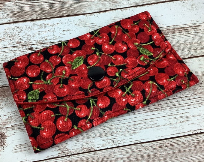 Cherries card case, Cherry fabric business card wallet, Travel pass holder, Handmade