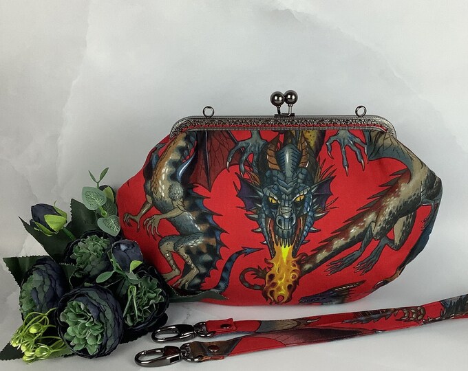 Dragons dragons medium frame clutch bag,  Gothic frame purse, Detachable strap, Handmade