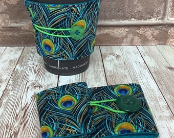 Peacock feathers fabric cup cozy, Birds cup cosy, Reusable drinks sleeve, Handmade