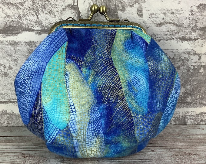 Dragonfly wings frame coin purse, Blue fabric coin purse, Change kiss lock wallet, Optional chain, Handmade