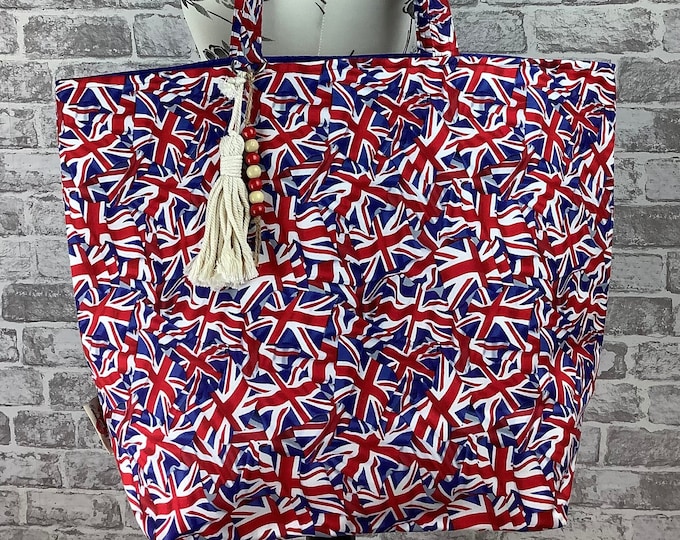 Union Jack large beach bag , Flags tote bag, Fabric shopper, Handmade