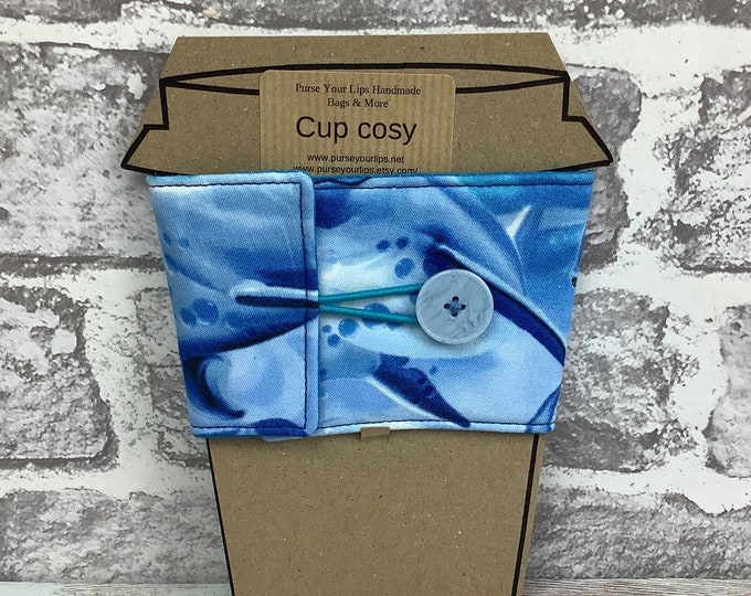 Dolphins fabric cup cozy, Reusable drinks sleeve, Handmade