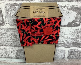 Chilli peppers fabric cup cozy, Reusable drinks sleeve, Handmade