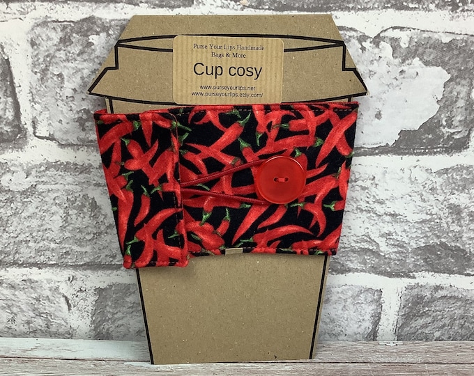 Chilli peppers fabric cup cozy, Reusable drinks sleeve, Handmade