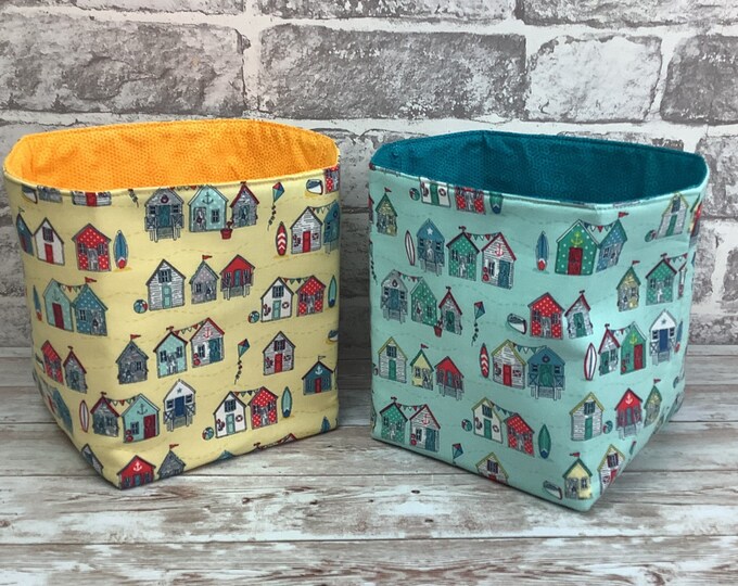 Beach huts fabric basket, Seaside storage bin, Home storage, Choice of colours, Handmade