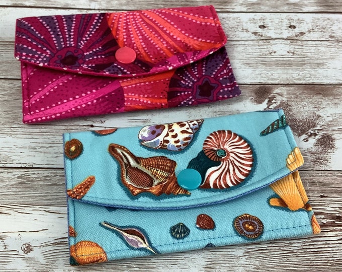 Sea shells card case, Seaside fabric business card wallet, Sea urchin travel pass holder, Handmade