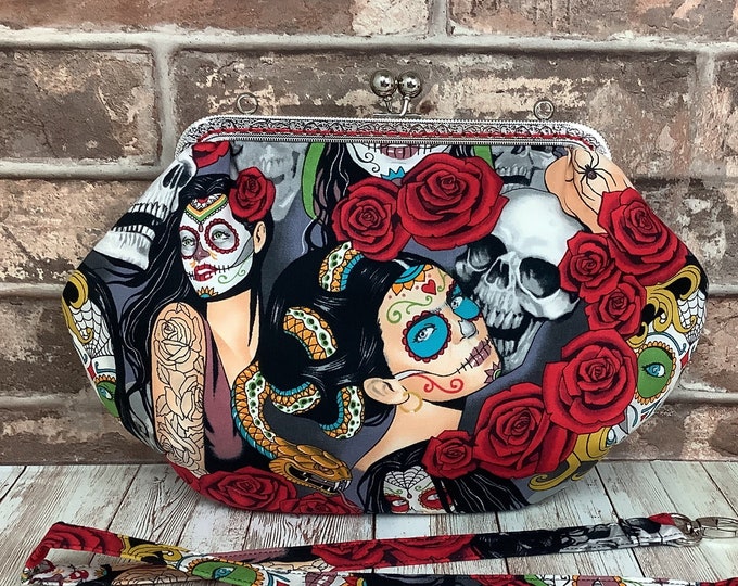 Day of the dead medium frame clutch bag, Candy skulls handbag, Detachable strap, Handmade