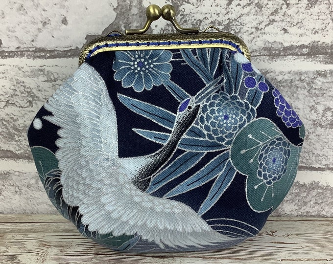 Cranes frame coin purse, Oriental cranes fabric coin purse, Silver wallet, Kiss lock purse, Optional chain, Handmade