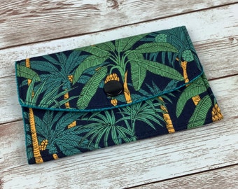 Palm tree card case, Banana palm fabric business card wallet, Travel pass holder, Handmade
