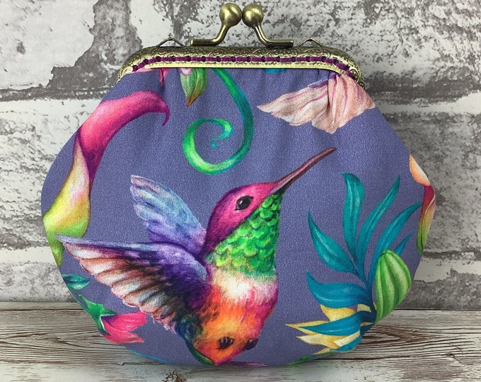 Hummingbird frame coin purse, Birds fabric coin purse, Tropical change kiss lock wallet, Optional chain, Handmade