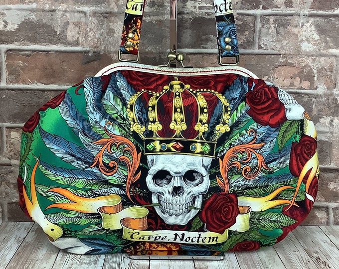 Gothic Royal Skulls large frame handbag, Goth purse, Carpe Noctem Seize the night frame bag, Handmade