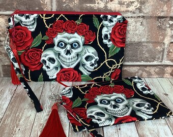 Skulls and Roses zip clutch bag,  Gothic wristlet zip purse, Detachable wrist strap, Silky tassel, charm, 2 size options, Handmade