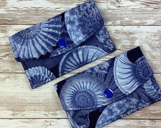 Ammonites card case, Fossils fabric business card wallet, Travel pass holder, Handmade