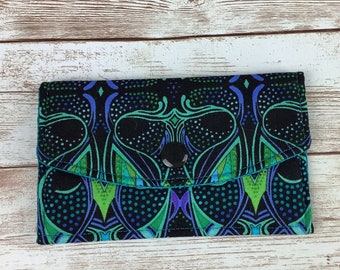 Geometric card case, Turquoise fabric business card wallet, Travel pass holder, Handmade