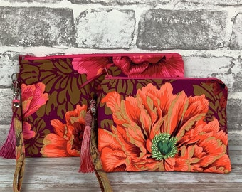 Floral zip clutch bag, Peony flowers wristlet zip purse, With detachable wrist strap, Silky tassel and charm, 2 size options, Handmade