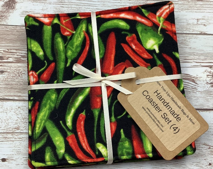 Chilli peppers fabric coasters, Set of 4, Handmade